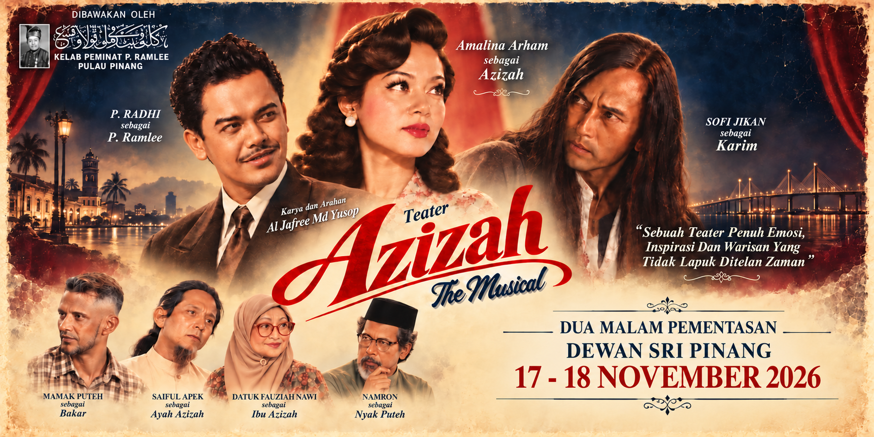 Poster Azizah: The Musical dengan dua malam pementasan, 17–18 November 2026 di Dewan Sri Pinang